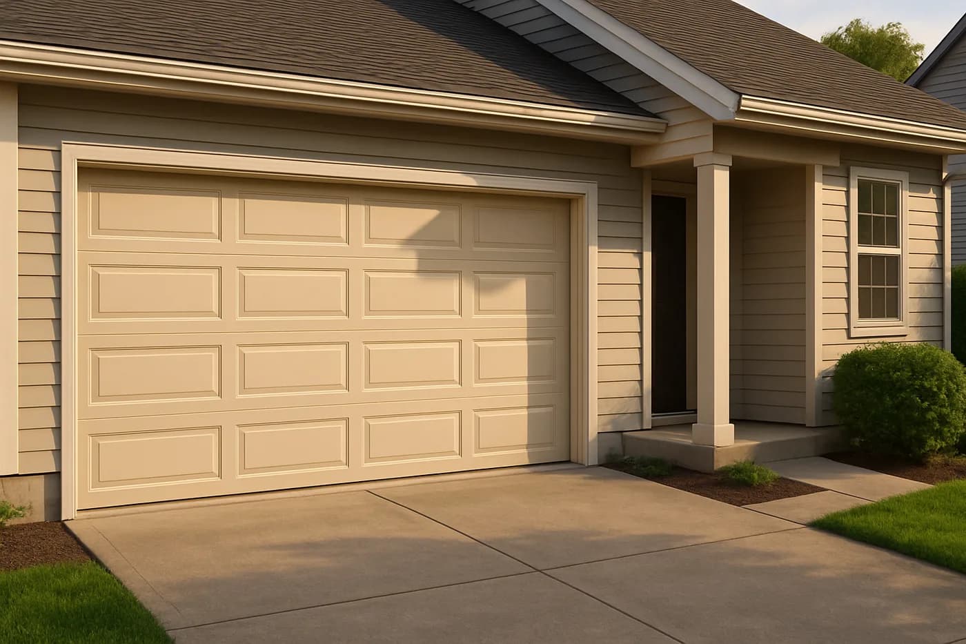 Editorial photo: a newly-installed modern residential garage door on a clean suburban two-car home, afternoon sun on the panels.