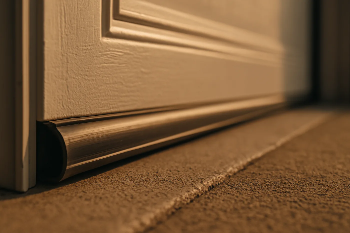 Editorial photo: extreme close-up of a rubber bottom weather seal along the base of a closed residential garage door, warm late-afternoon light raking across...