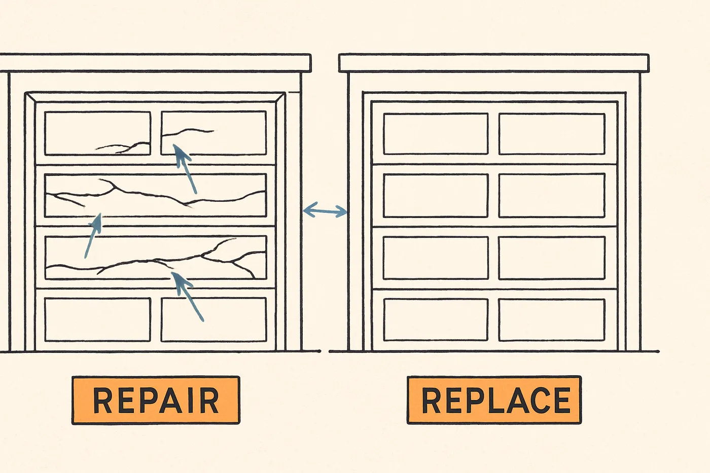 Technical illustration: two garage doors side by side — one weathered with cracked panels, one new and pristine — with a comparison scale between them.