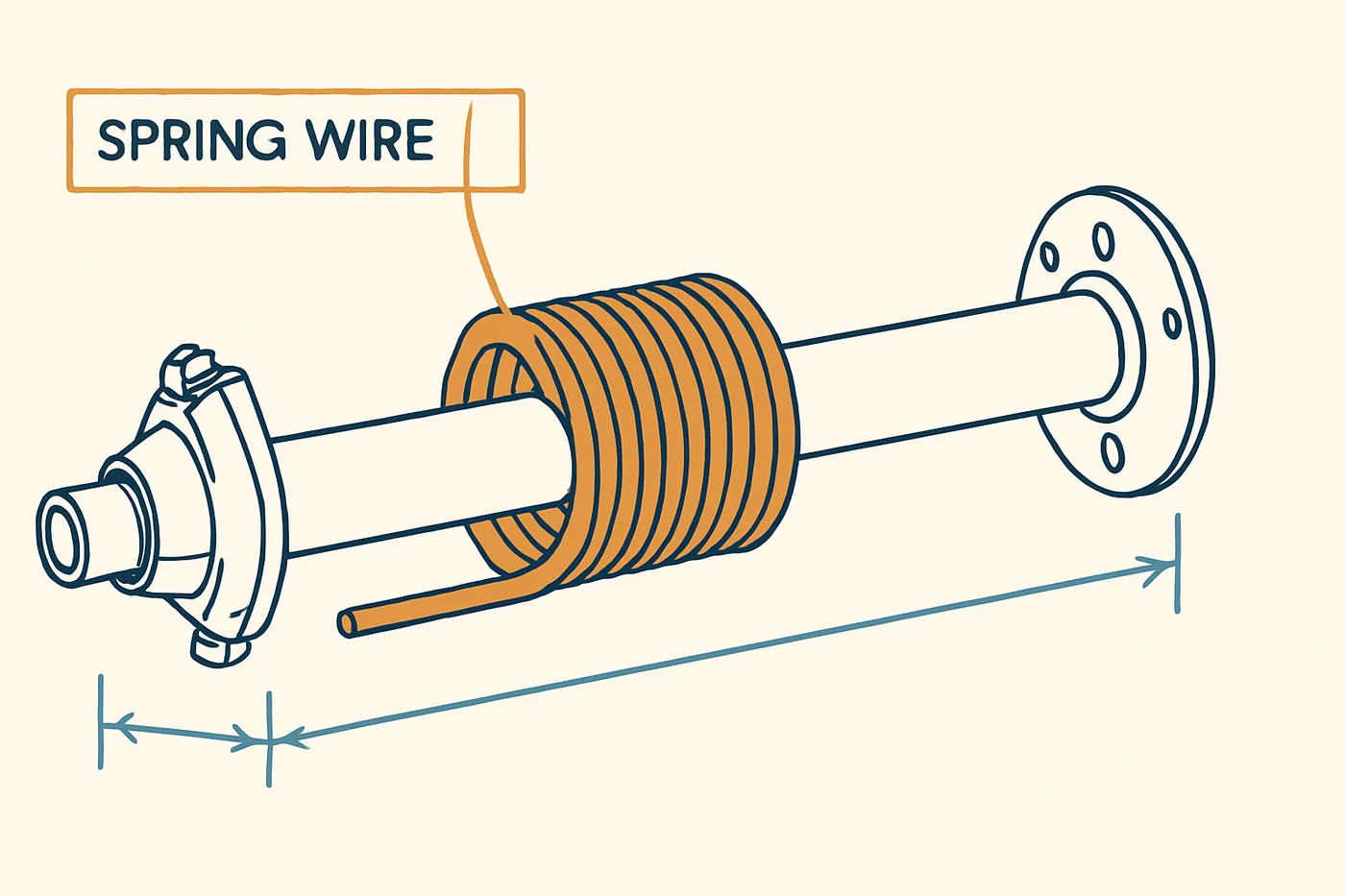 Technical illustration: a coiled torsion spring on a shaft with cone fittings drawn as a patent-style technical illustration.