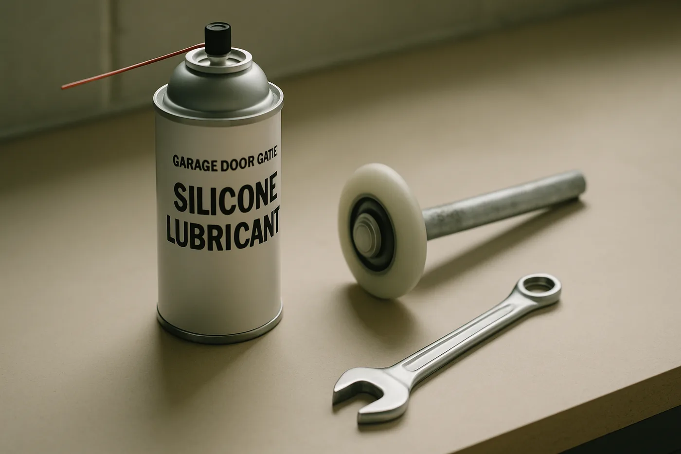 Editorial photo: a can of garage-door-safe silicone lubricant on a clean workbench beside a clean roller and a small wrench.