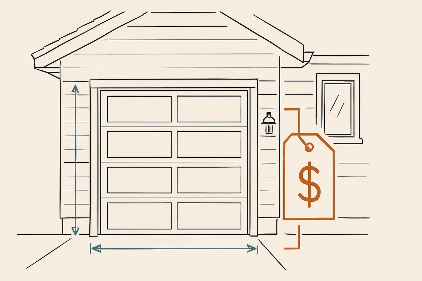 Technical illustration: a modern residential garage door on a house front elevation with a price tag callout.