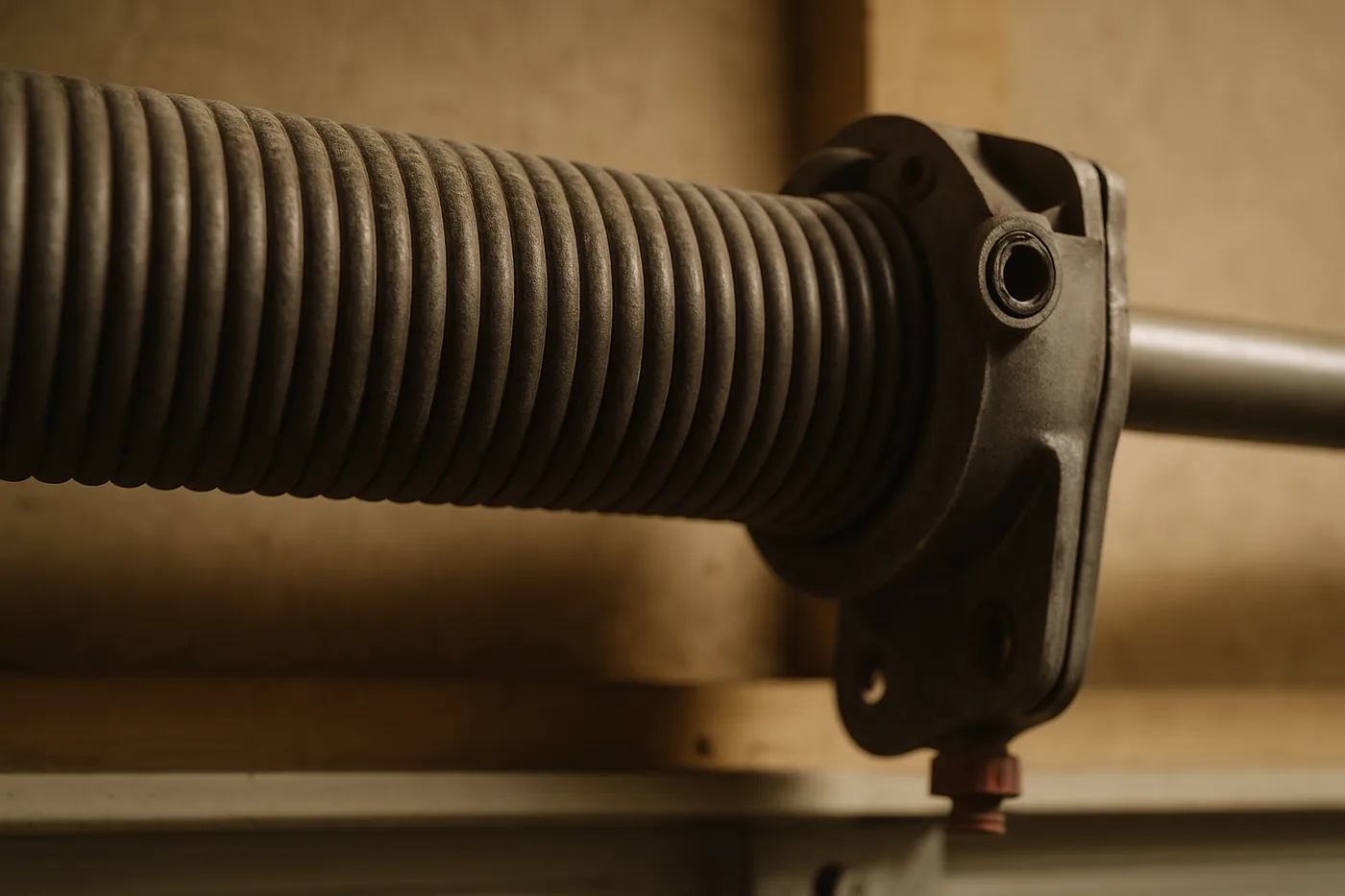 Editorial photo: extreme close-up of a coiled torsion spring mounted on a garage door shaft, fine dust visible on the coils.