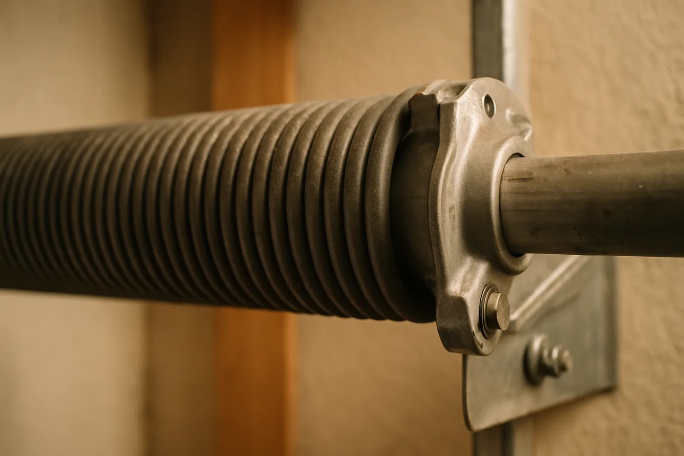 Editorial photo: extreme close-up of a coiled torsion spring mounted on a garage door shaft, fine dust visible on the coils.