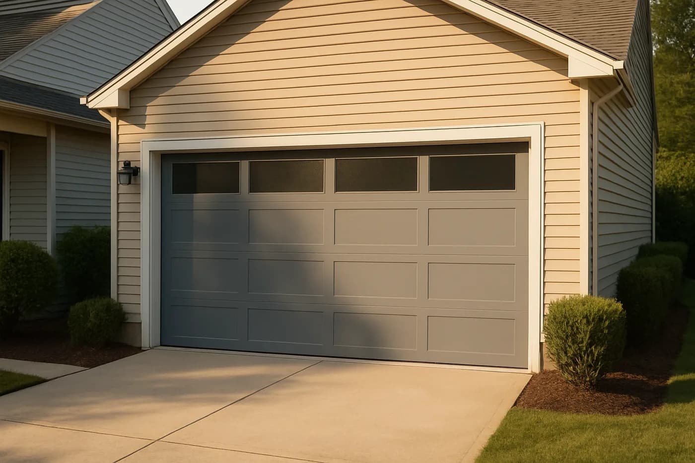 Editorial photo: a newly-installed modern residential garage door on a clean suburban two-car home, afternoon sun on the panels.