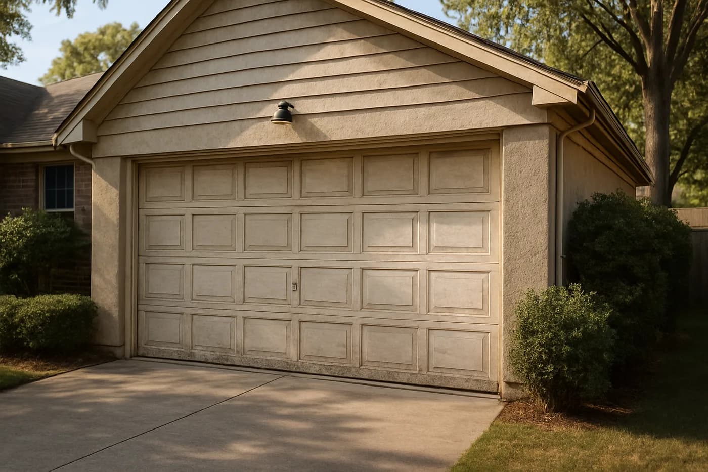 Editorial photo: a weathered but well-kept residential garage door on a lived-in suburban home, subtle signs of age on the panels.