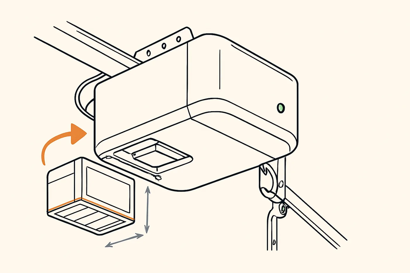 Technical illustration: a garage door opener motor unit with a detachable battery pack shown in cutaway view, green status LED dot.