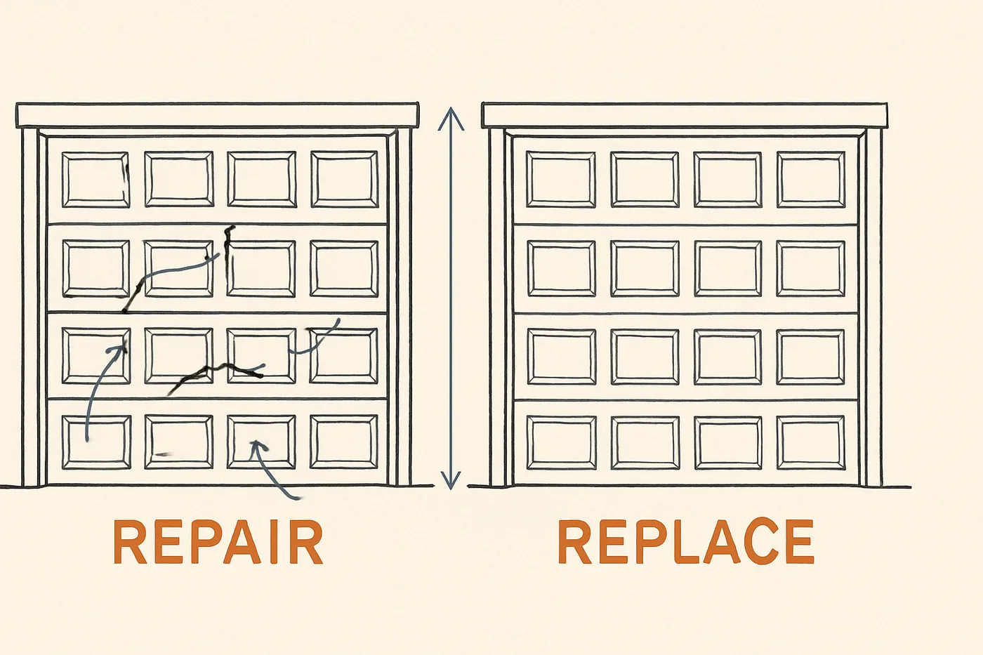 Technical illustration: two garage doors side by side — one weathered with cracked panels, one new and pristine — with a comparison scale between them.