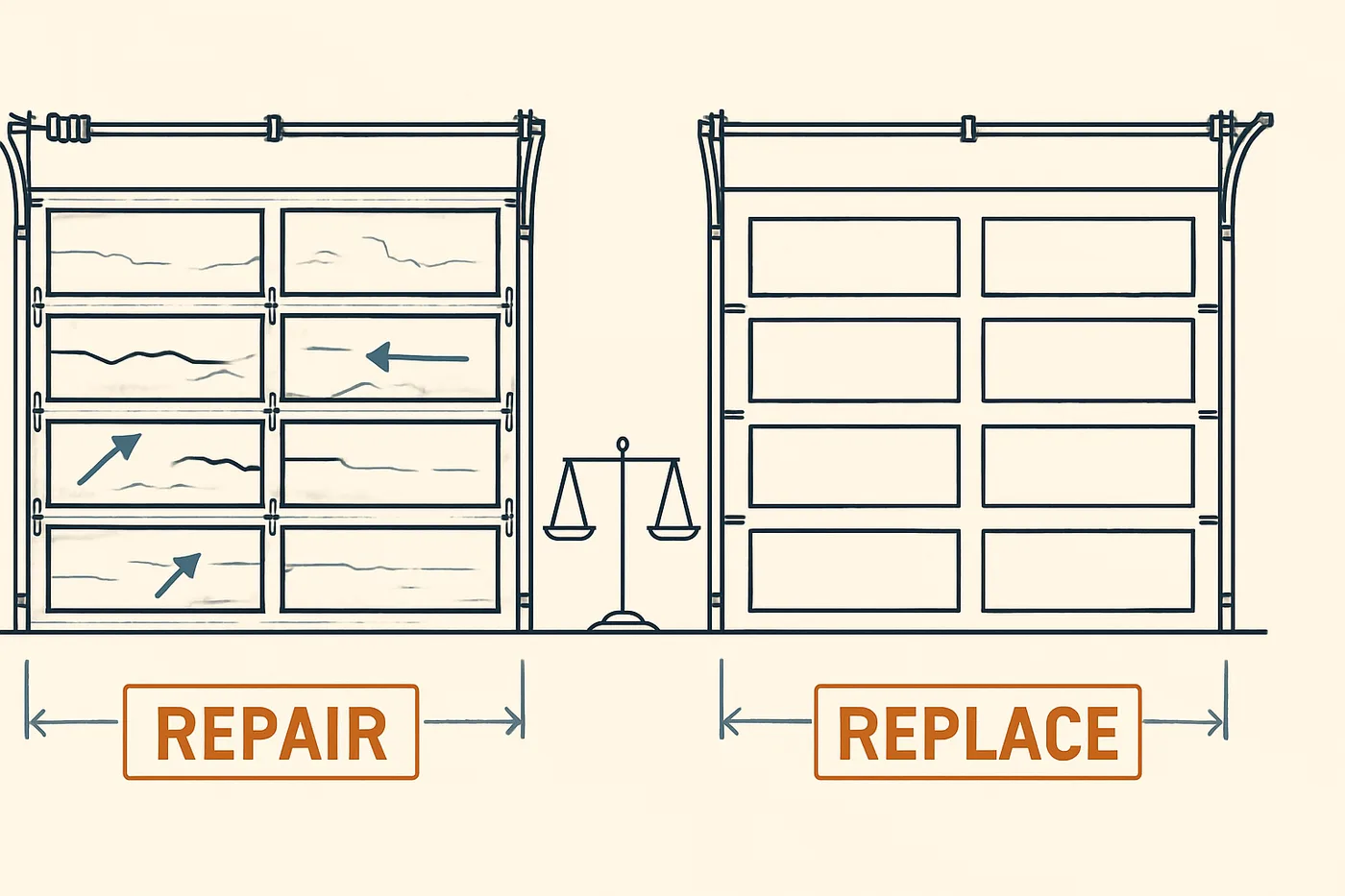 Technical illustration: two garage doors side by side — one weathered with cracked panels, one new and pristine — with a comparison scale between them.