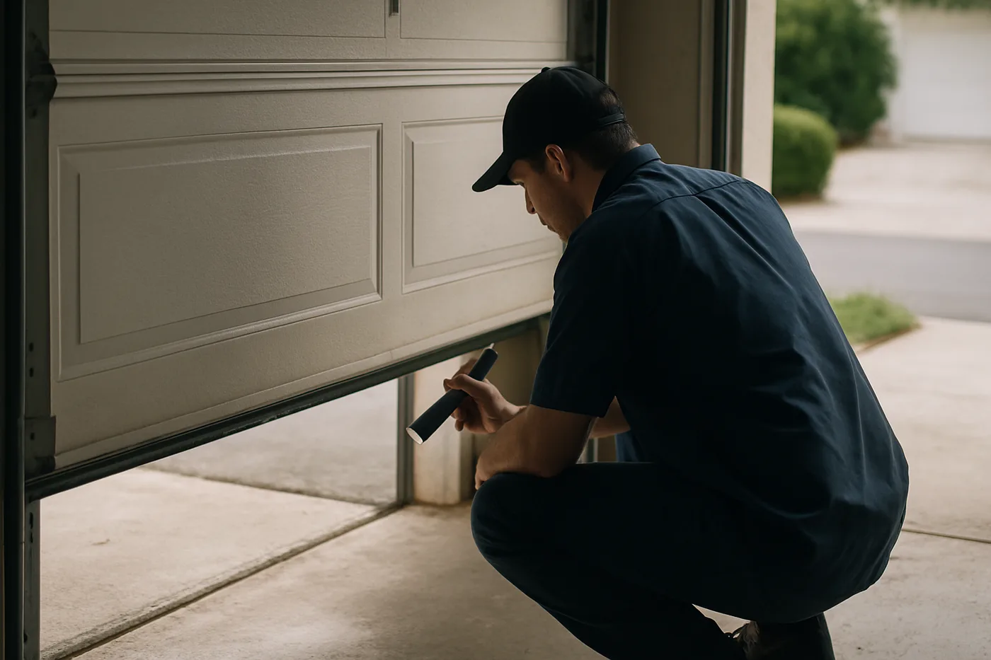 Editorial photo: a technician in an unbranded navy work shirt kneeling beside a partially raised residential garage door, examining the bottom section with a...