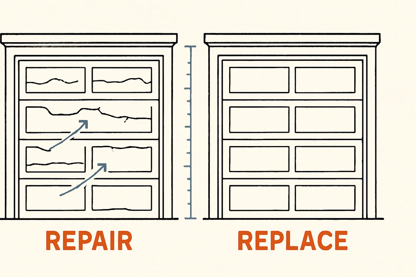 Technical illustration: two garage doors side by side — one weathered with cracked panels, one new and pristine — with a comparison scale between them.
