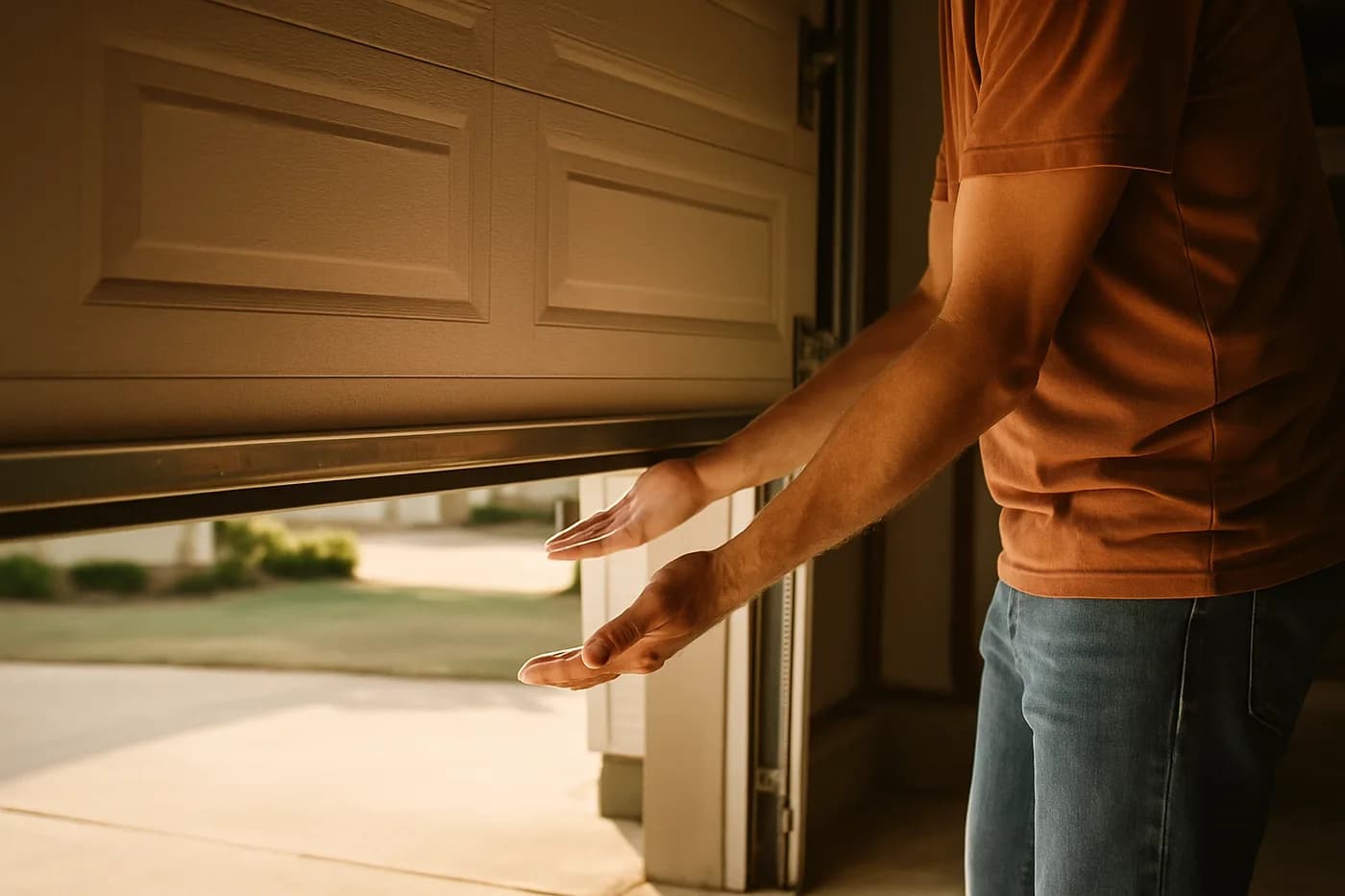 Editorial photo: a homeowner's hands gently supporting the bottom edge of a half-open residential garage door in a suburban garage, door held mid-travel.