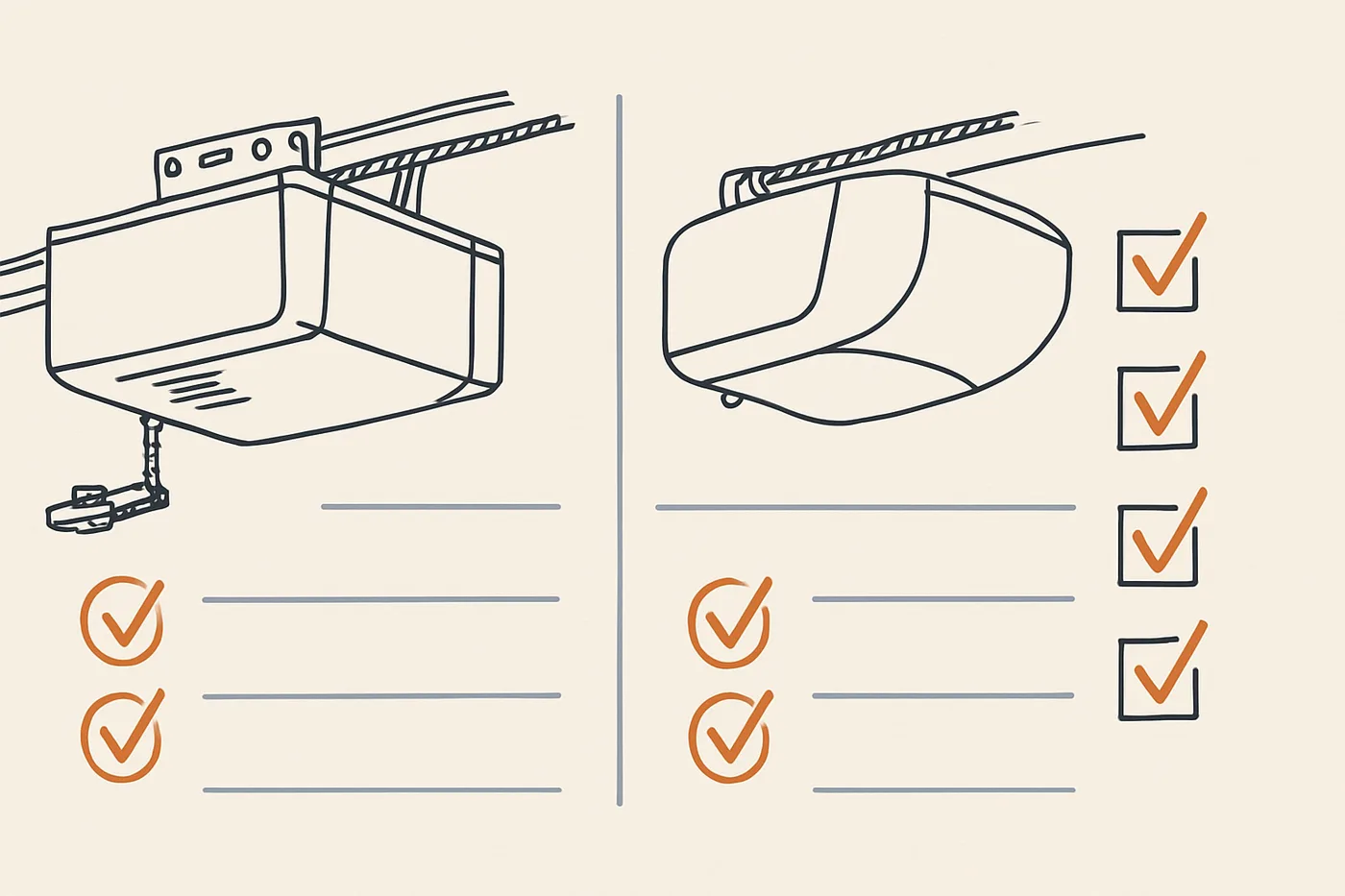 Technical illustration: two generic garage door opener units side by side in a comparison layout with feature check columns.