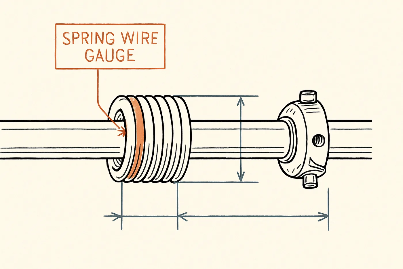 Technical illustration: a coiled torsion spring on a shaft with cone fittings drawn as a patent-style technical illustration.