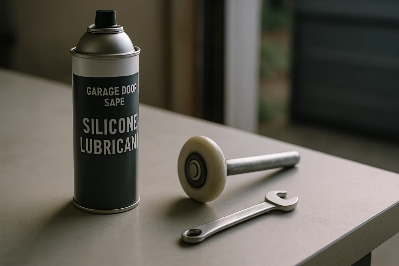 Editorial photo: a can of garage-door-safe silicone lubricant on a clean workbench beside a clean roller and a small wrench.