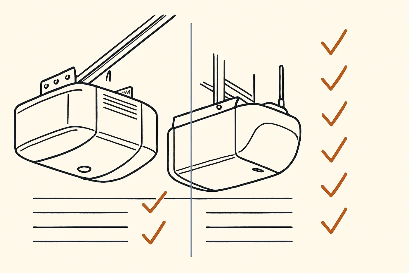 Technical illustration: two generic garage door opener units side by side in a comparison layout with feature check columns.