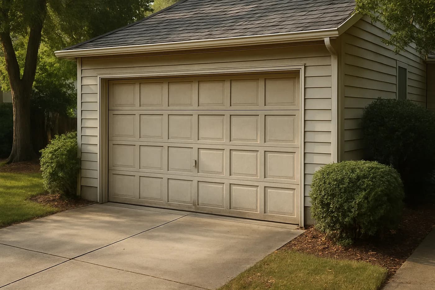 Editorial photo: a weathered but well-kept residential garage door on a lived-in suburban home, subtle signs of age on the panels.