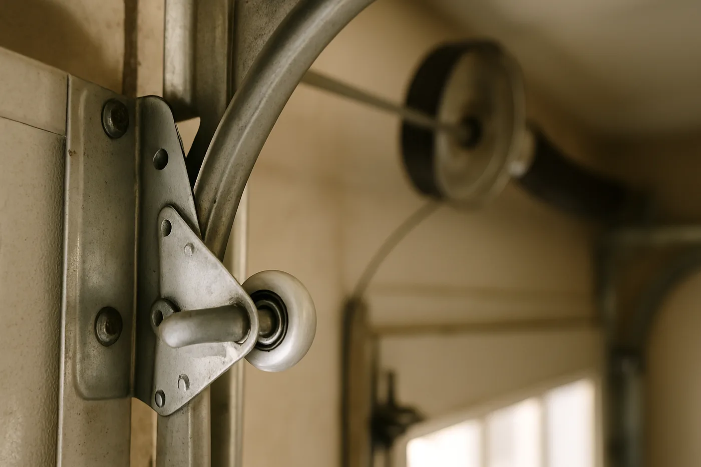 Editorial photo: a residential garage door track and roller assembly photographed from inside the garage, drum and cable just visible.