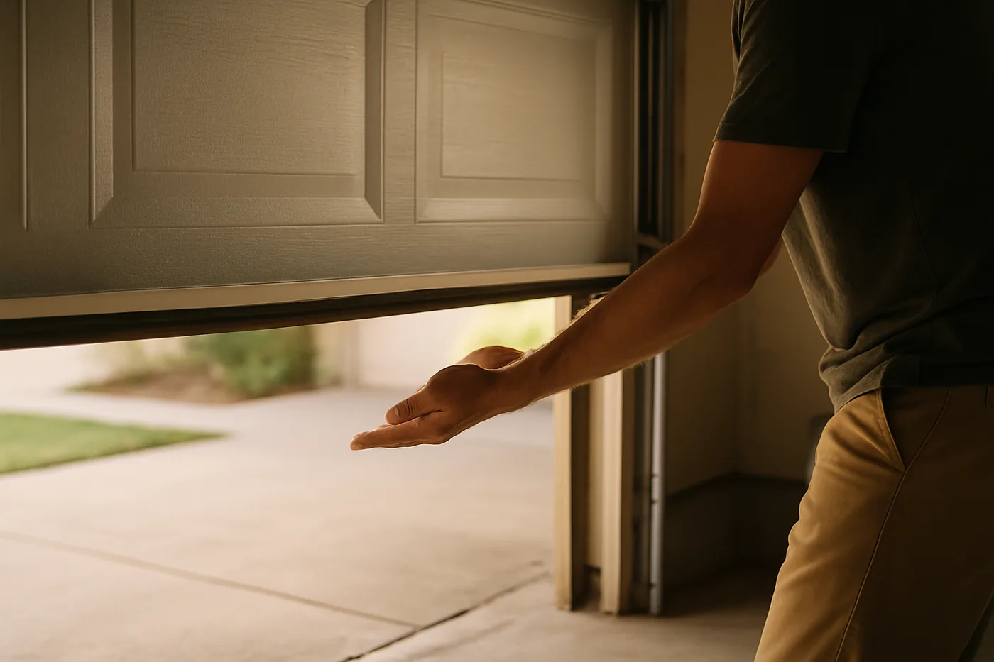 Editorial photo: a homeowner's hands gently supporting the bottom edge of a half-open residential garage door in a suburban garage, door held mid-travel.
