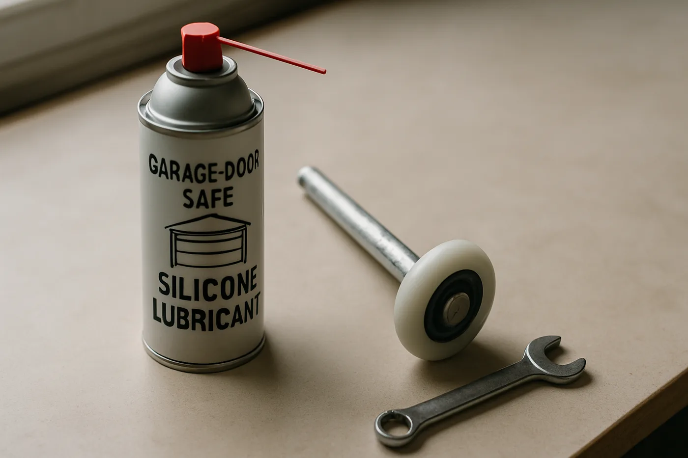 Editorial photo: a can of garage-door-safe silicone lubricant on a clean workbench beside a clean roller and a small wrench.