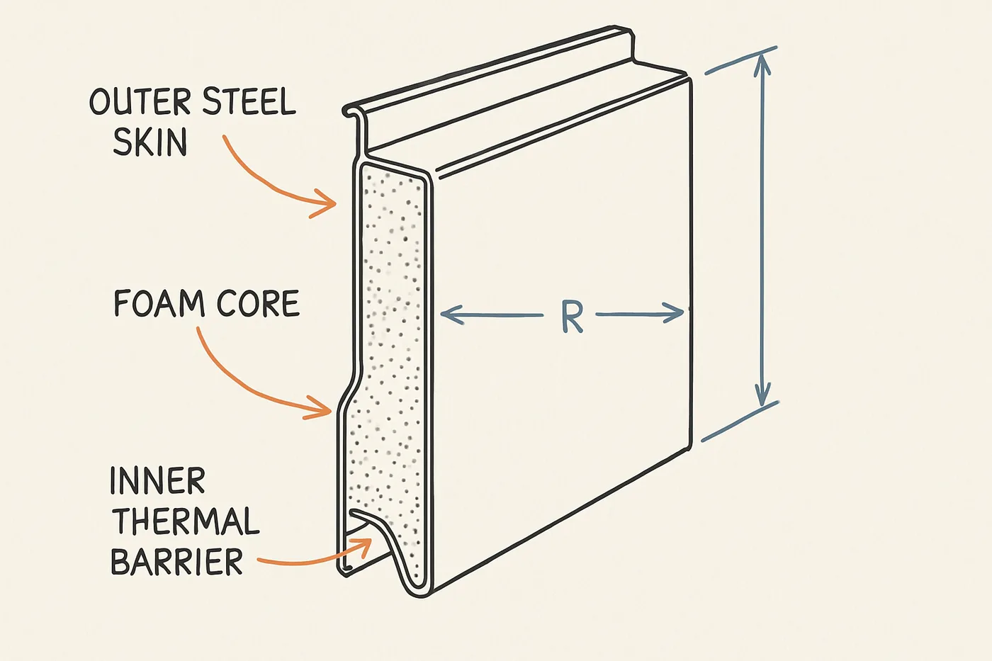 Technical illustration: a cutaway cross-section of a garage door panel showing insulation layers — outer steel skin, foam core.