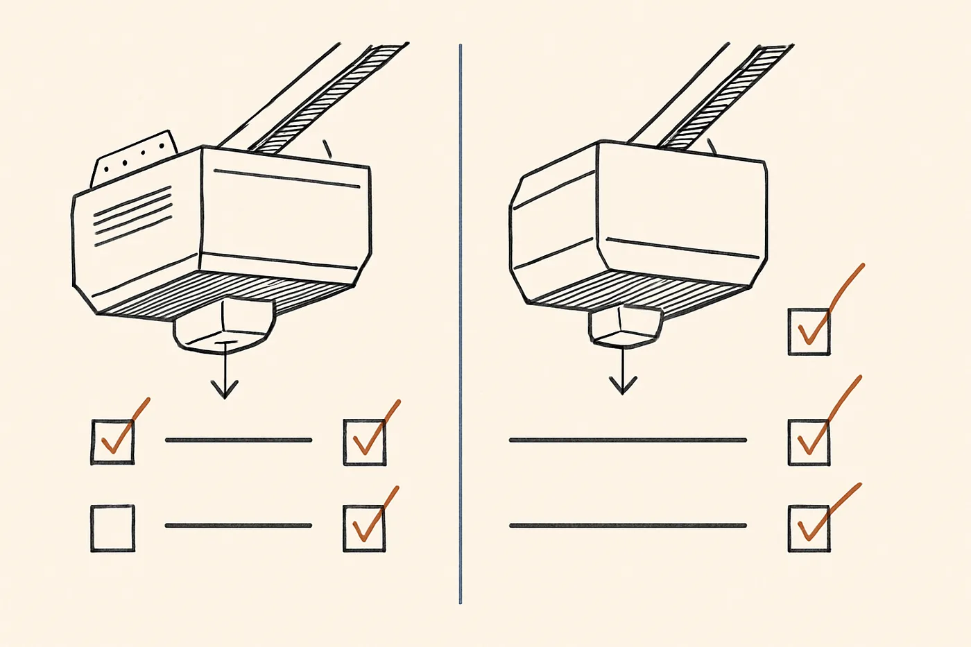 Technical illustration: two generic garage door opener units side by side in a comparison layout with feature check columns.