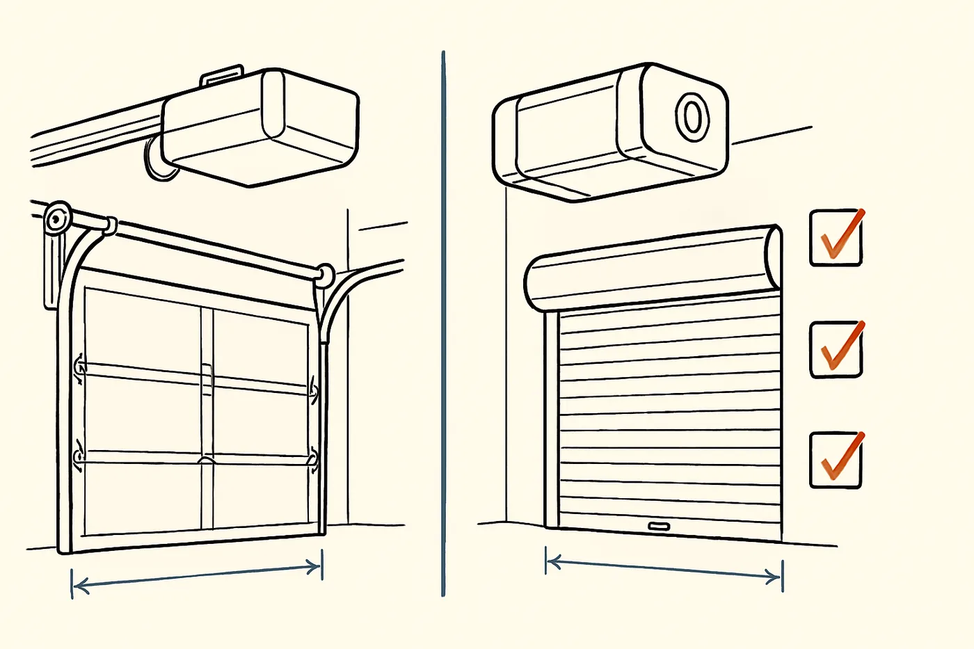 Technical illustration: two generic garage door opener units side by side in a comparison layout with feature check columns.