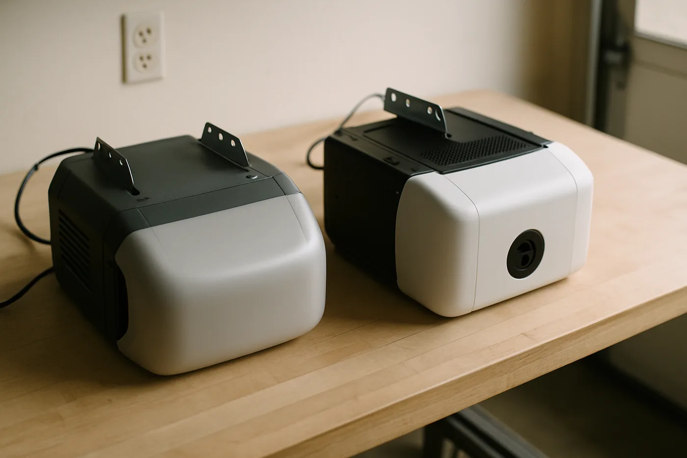 Editorial photo: two residential garage door openers side by side on a workbench, subtle brand-agnostic housings.