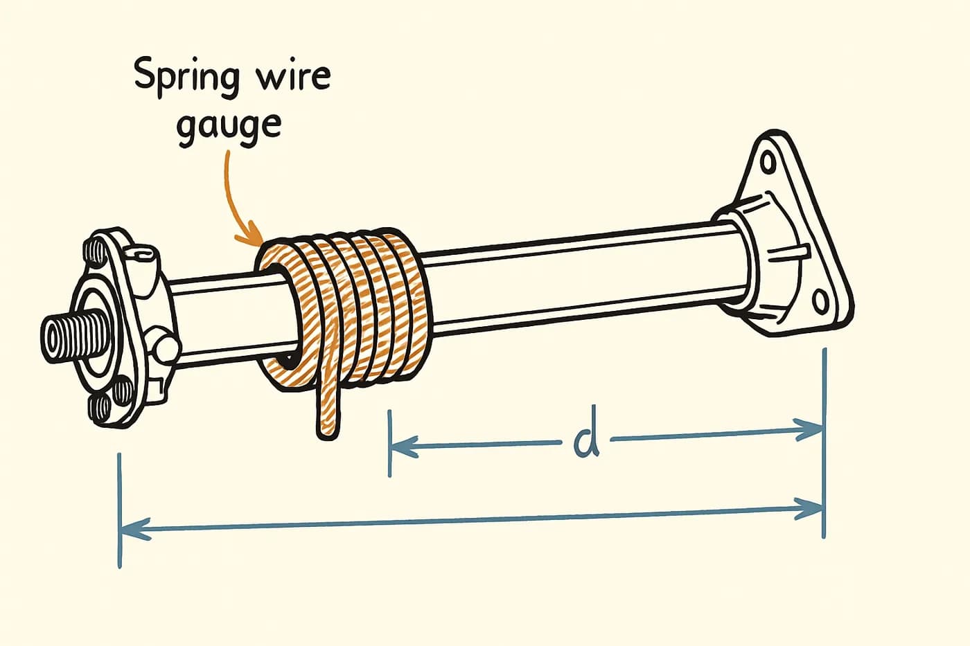 Technical illustration: a coiled torsion spring on a shaft with cone fittings drawn as a patent-style technical illustration.