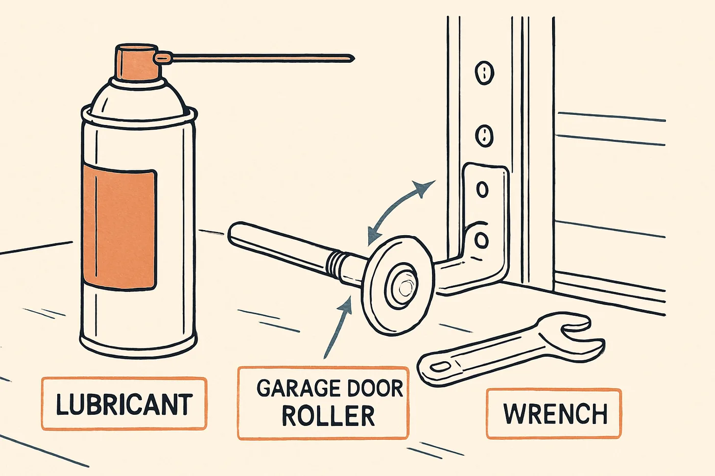Technical illustration: a spray lubricant canister beside a garage door roller and a small wrench, laid out on a workbench.