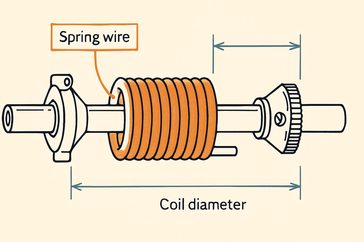 Technical illustration: a coiled torsion spring on a shaft with cone fittings drawn as a patent-style technical illustration.
