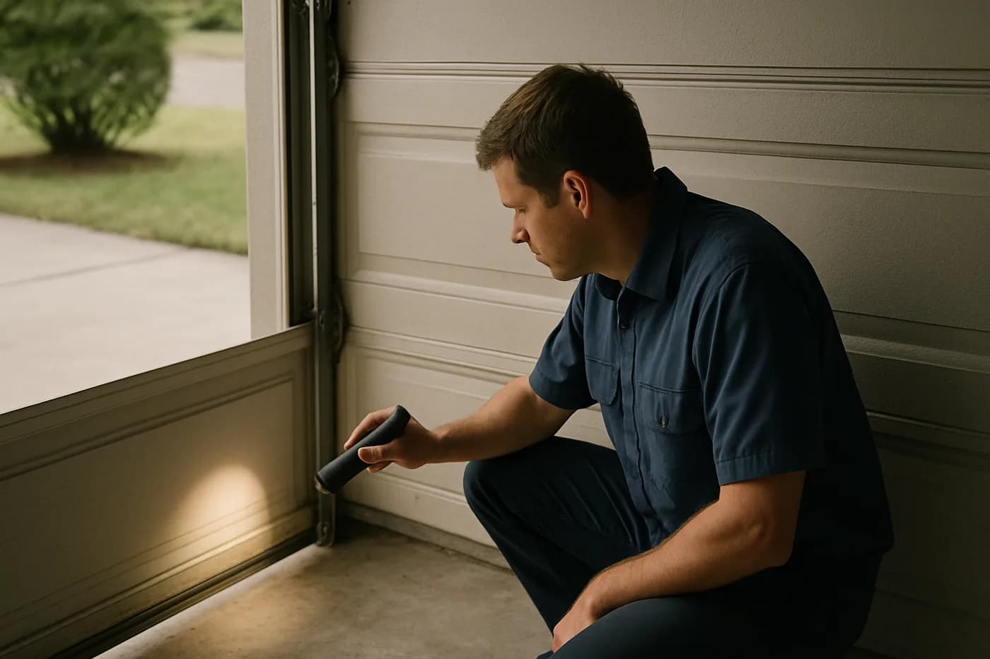Editorial photo: a technician in an unbranded navy work shirt kneeling beside a partially raised residential garage door, examining the bottom section with a...