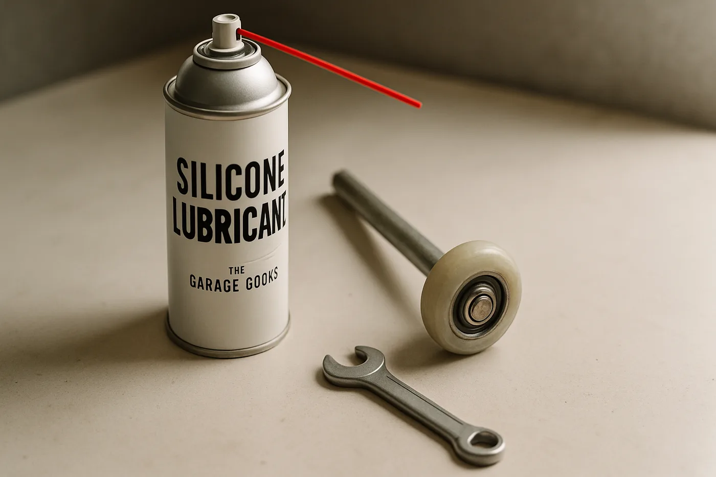 Editorial photo: a can of garage-door-safe silicone lubricant on a clean workbench beside a clean roller and a small wrench.