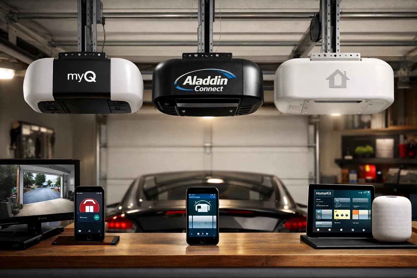 Three smart garage door opener controllers side by side on a clean workbench: LiftMaster MyQ, Genie Aladdin Connect, and a HomeKit-compatible unit.