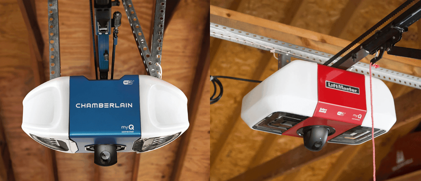 Side-by-side comparison of LiftMaster and Chamberlain garage door opener units highlighting the shared parent company and the channel differences between the two brands.
