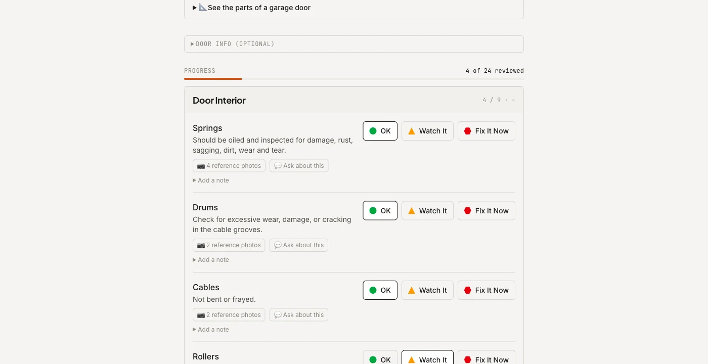 Preview of the 24-point inspection tool showing a progress bar at 4 of 24 and items like Springs, Drums, Cables with OK, Watch It, and Fix It Now buttons.
