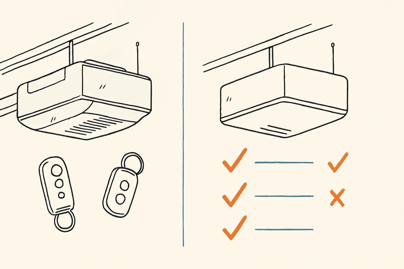 Line illustration of a ceiling-mounted garage door opener beside two key-fob remotes, facing a second opener above a checklist of orange check marks and one cross.