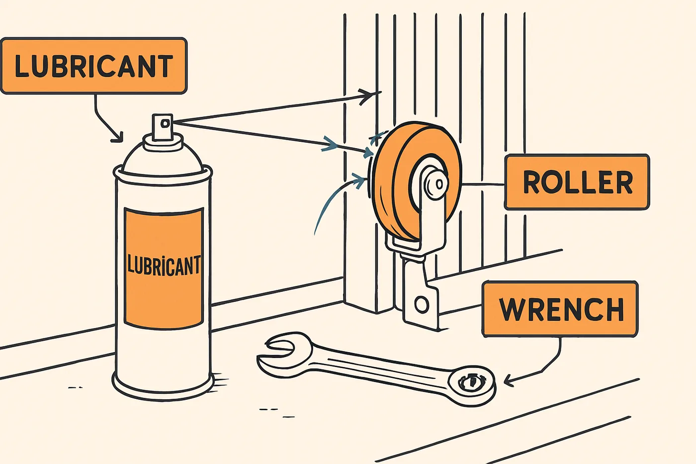 Technical illustration: a spray lubricant canister beside a garage door roller and a small wrench, laid out on a workbench.