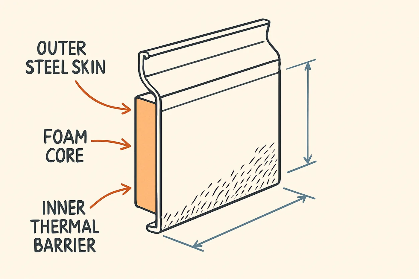 Line drawing of a garage door panel section cut open to show an orange foam core, with arrows labeled outer steel skin, foam core and inner thermal barrier, and blue lines along its height and width.