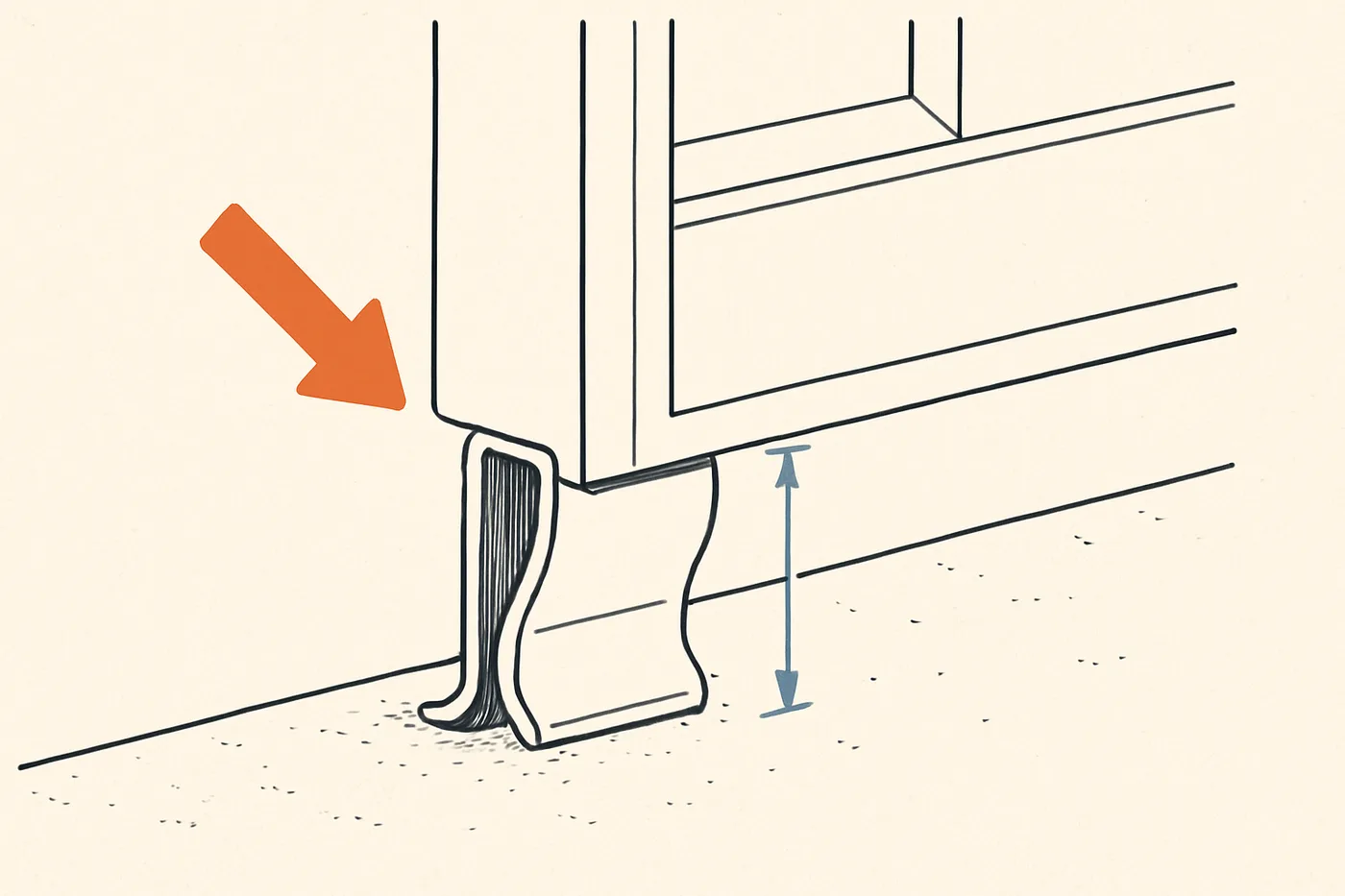 Technical illustration: a cutaway cross-section of a garage door bottom edge showing the rubber weather seal pressed against the concrete floor.