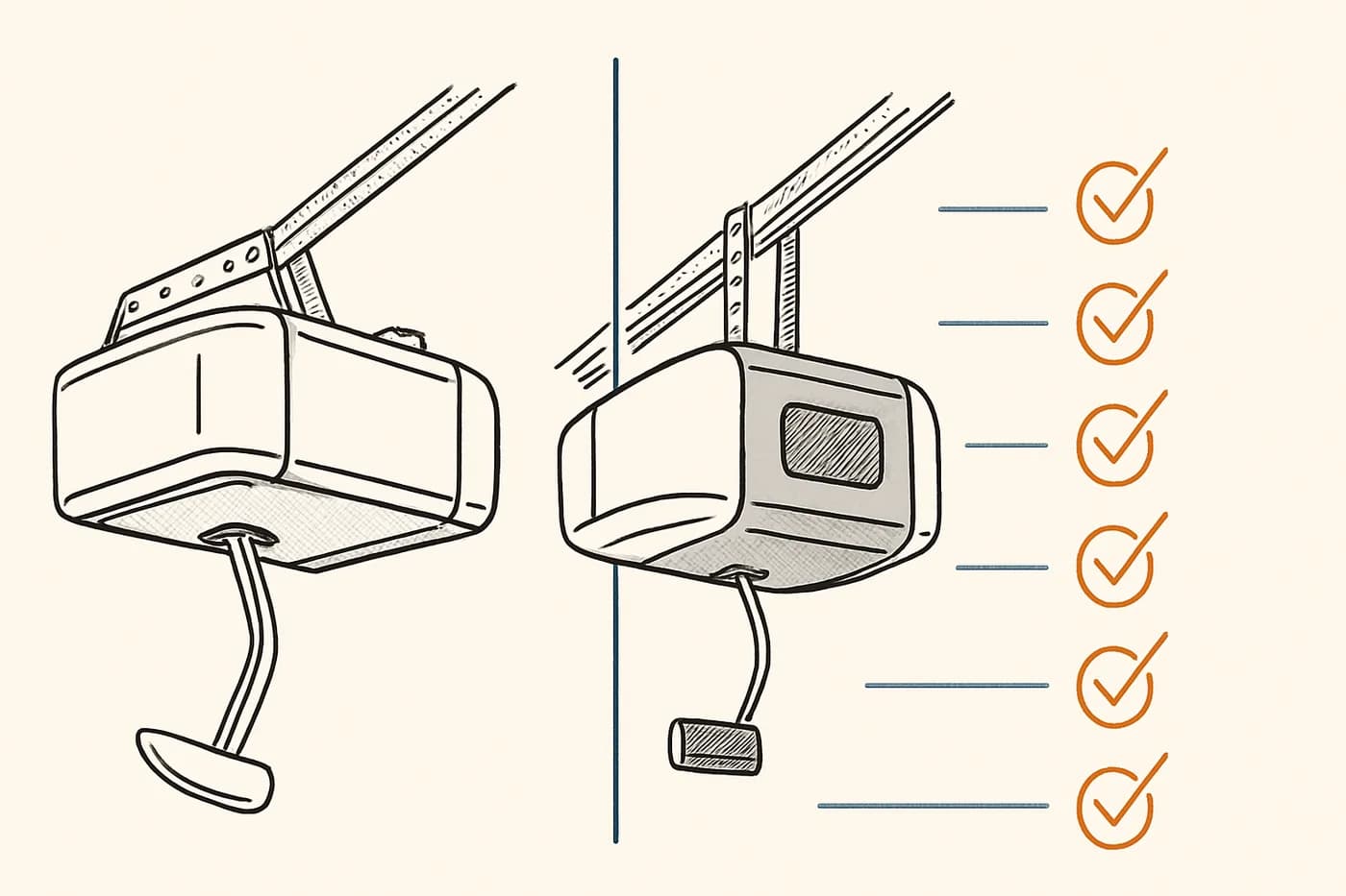 Technical illustration: two generic garage door opener units side by side in a comparison layout with feature check columns.