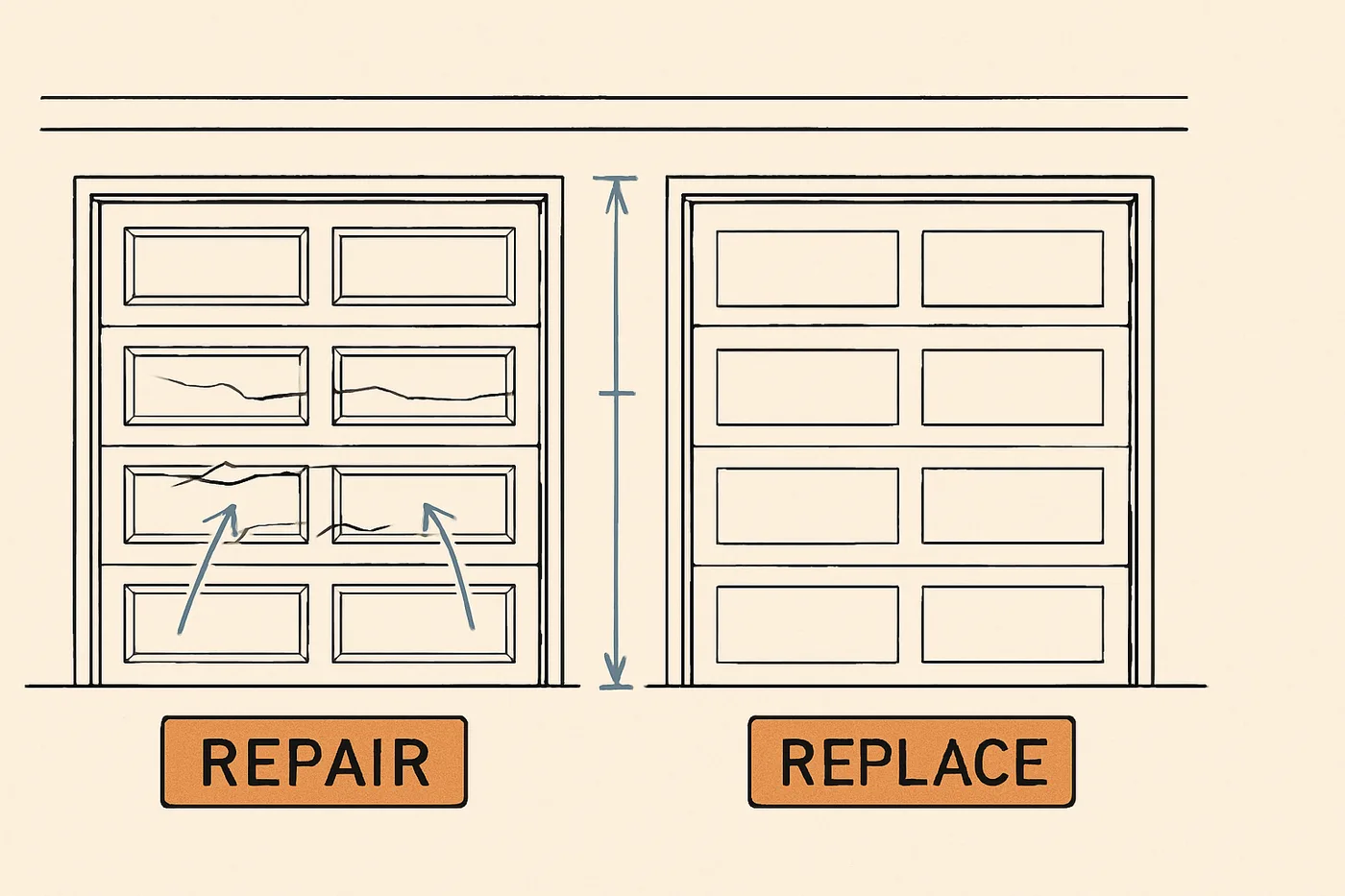 Technical illustration: two garage doors side by side — one weathered with cracked panels, one new and pristine — with a comparison scale between them.