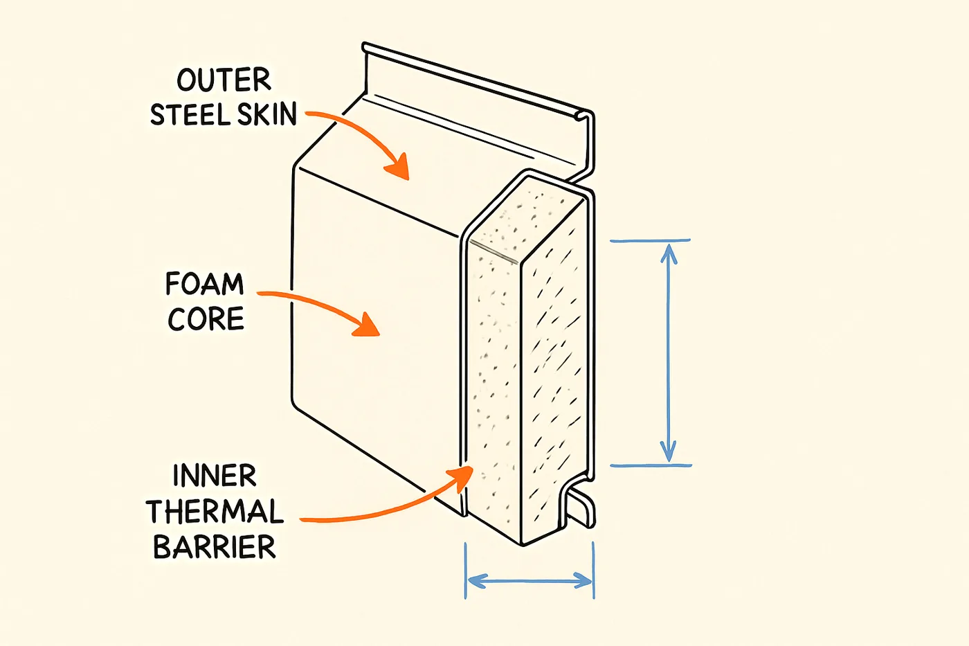 Cutaway of an insulated garage door panel: a cold steel skin outside a foam core, the surface where indoor moisture condenses.