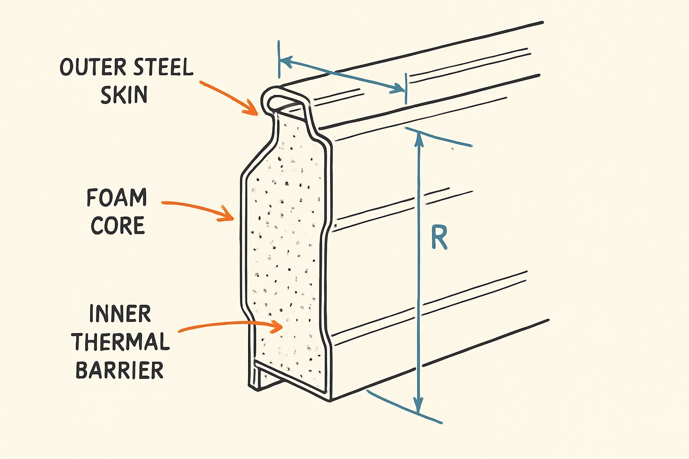 Technical illustration: a cutaway cross-section of a garage door panel showing insulation layers — outer steel skin, foam core.