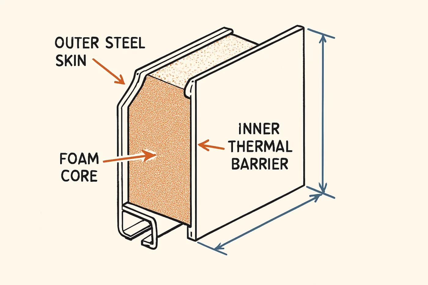 Technical illustration: a cutaway cross-section of a garage door panel showing insulation layers — outer steel skin, foam core.