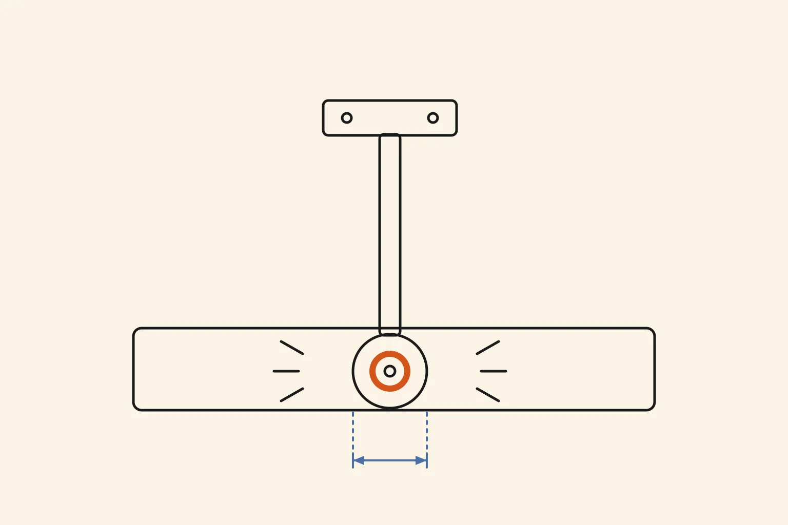 Technical illustration: a garage door roller riding in its track with vibration marks on either side and a dimension line below.