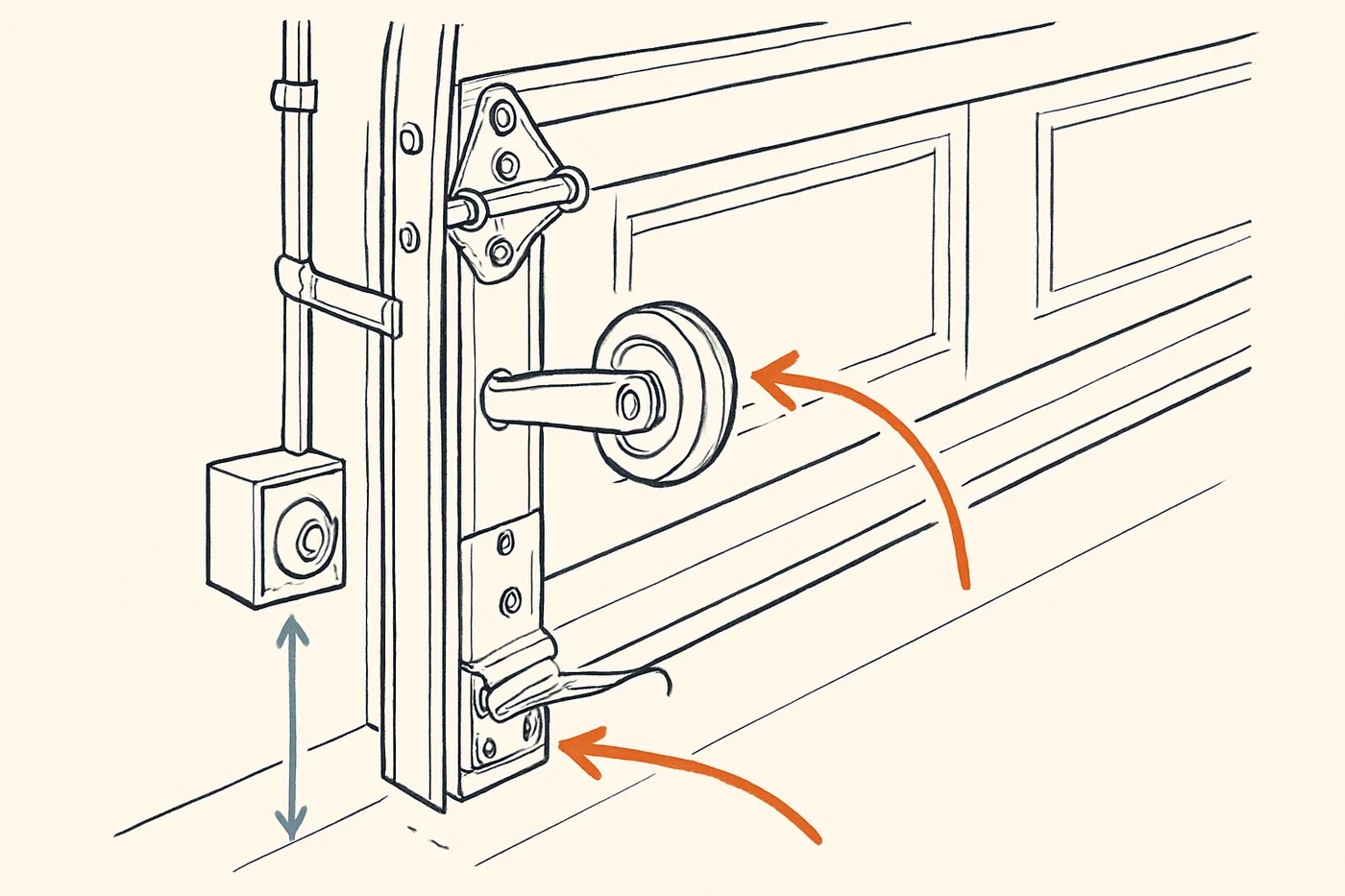 Technical illustration: a garage door track assembly with photo-eye sensors and rollers highlighted in an exploded technical diagram.