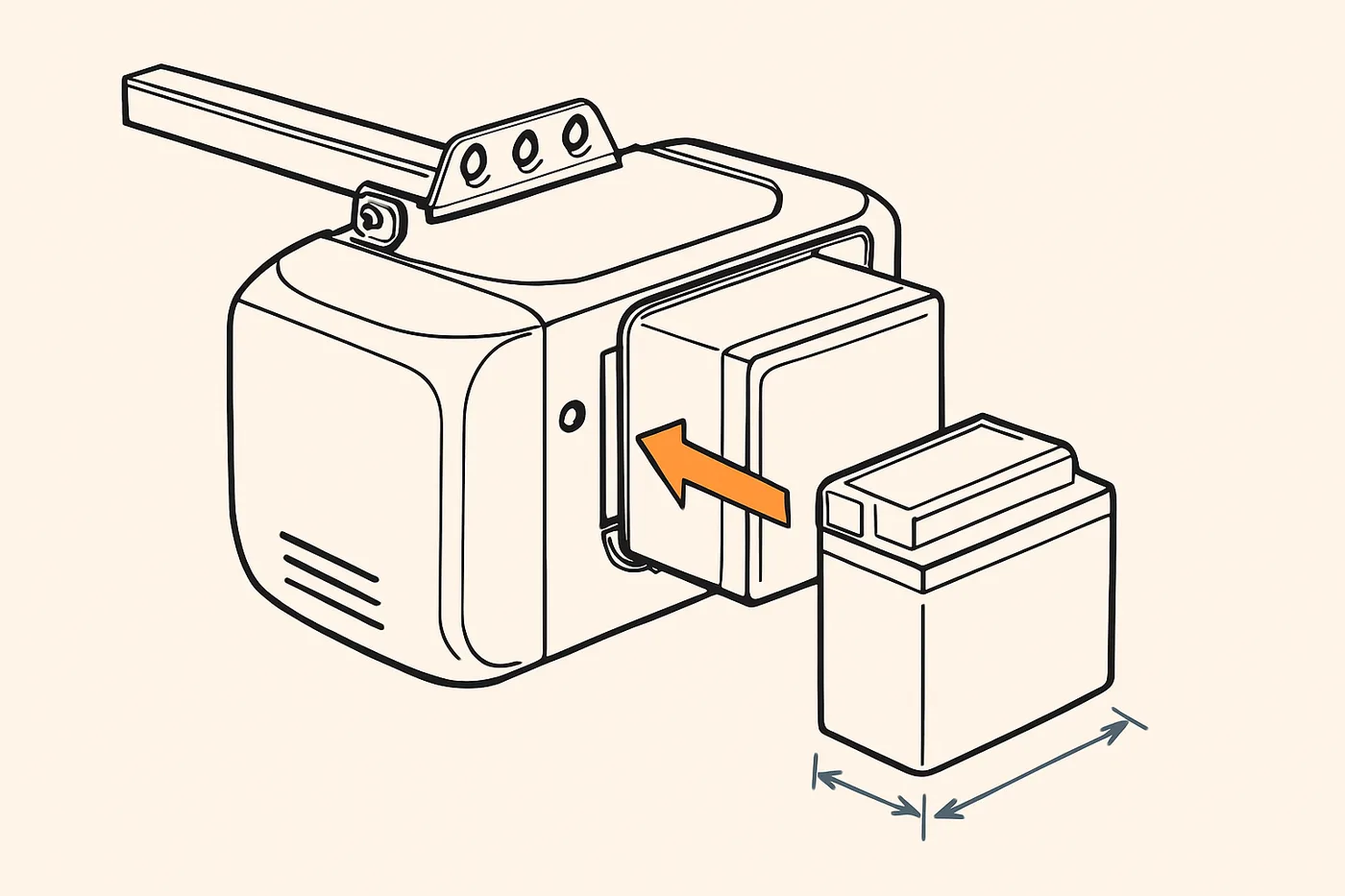 Technical illustration: a garage door opener motor unit with a detachable battery pack shown in cutaway view, green status LED dot.