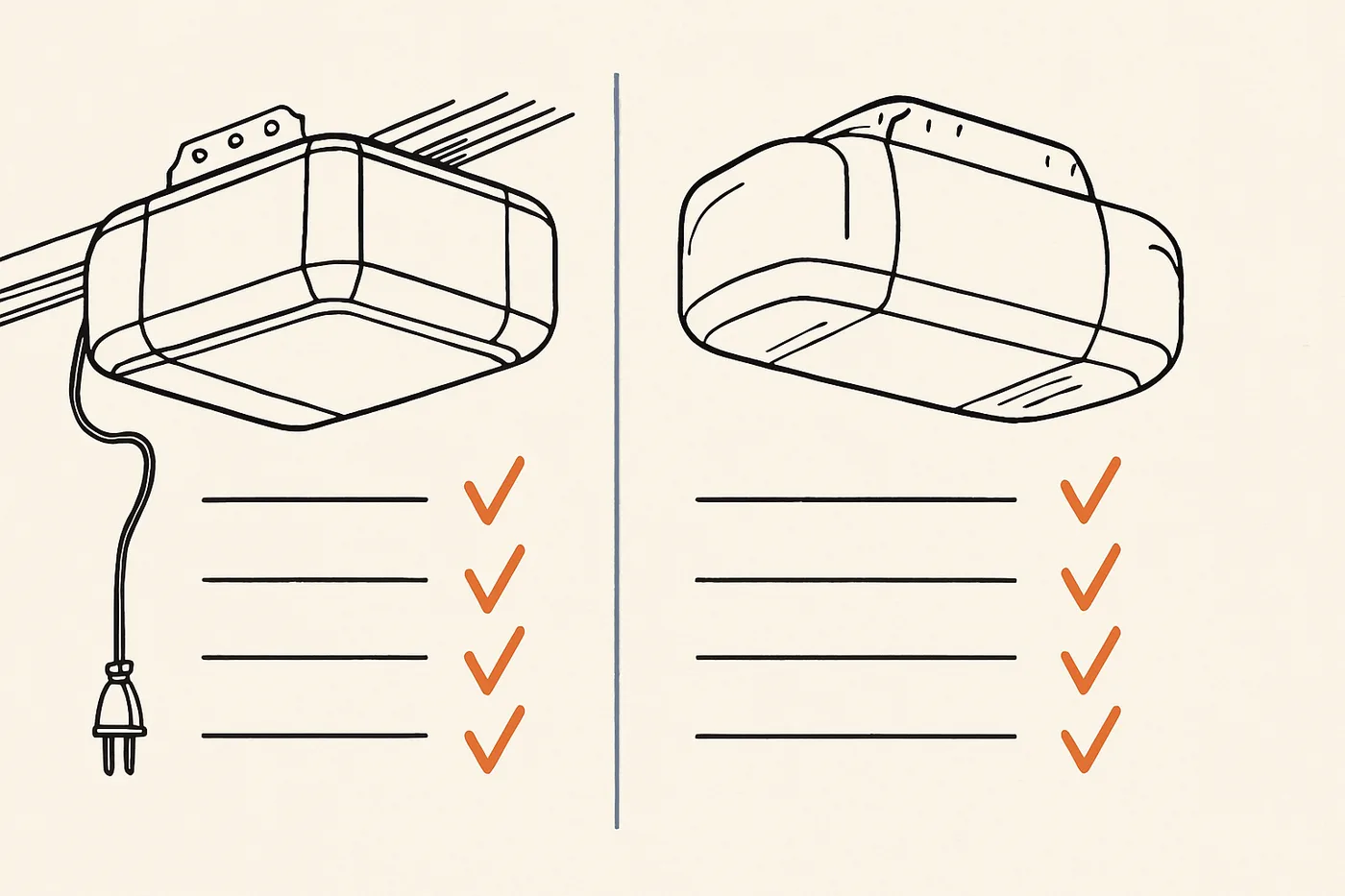 Technical illustration: two generic garage door opener units side by side in a comparison layout with feature check columns.