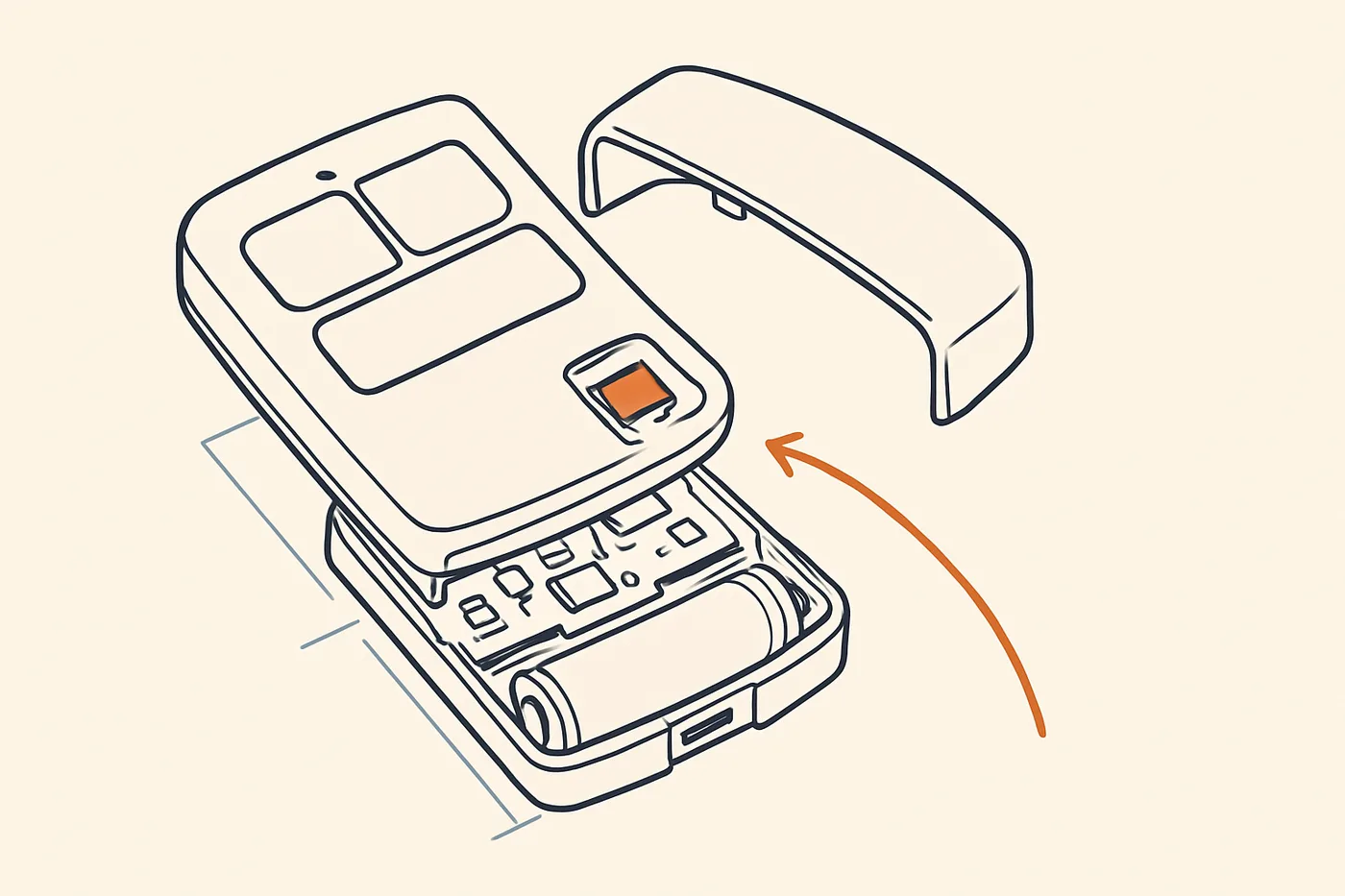 Technical illustration: a garage door remote with its back cover lifted off to show the battery compartment and circuit board, drawn in exploded-view style.